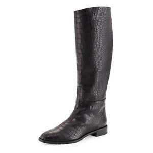 Stuart Weitzman Black Croc-Embossed Knee-High Boots